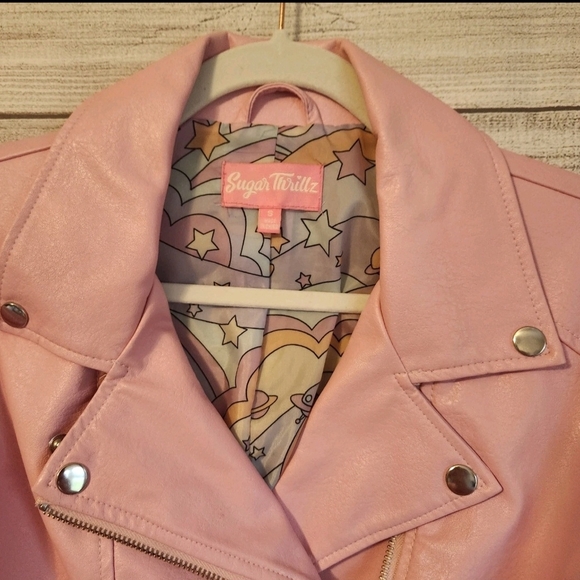 Sugar Thrillz Y2K Pastel Pink Fringe Faux Leather Jacket Size Small Excellent - Picture 2 of 9